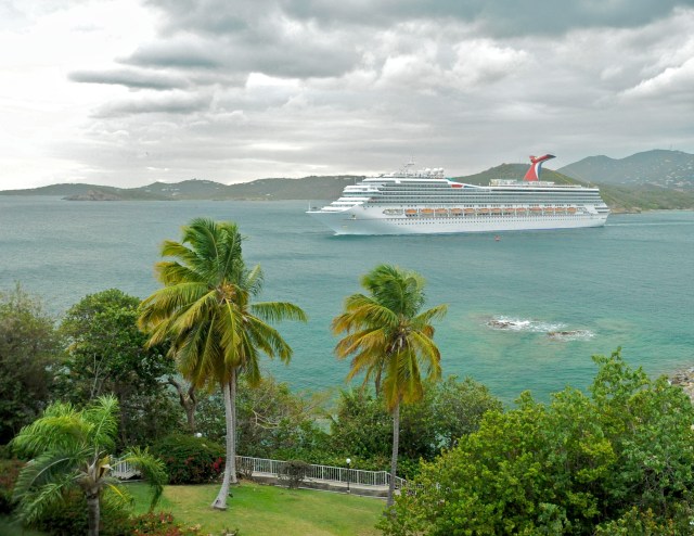 Carnival Liberty cruise in bay, passing Marriott resort on St. Thomas 