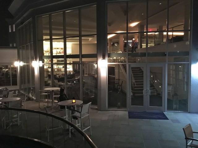 Main lobby see from outside at night