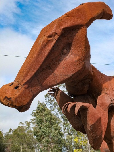 Parasaurolophus metal sculpture at Spanish Town, Half Moon Bay