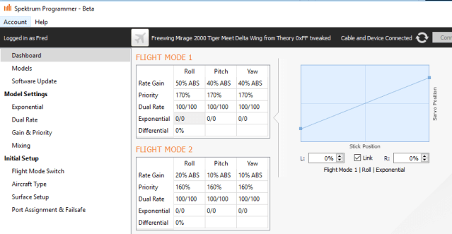 Do not set dual rate and exponential on the receiver