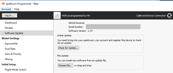 SPS shows receiver serial number and firmware version