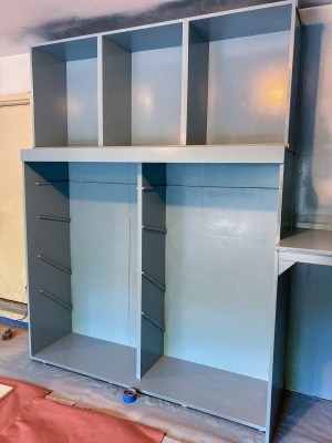 Second coat of Waterborne Alkyd on cabinet frames