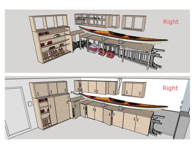 Cabinets on the right side and front side of the garage. The top view has cabinet doors removed to show how things fit inside cabinets. The bottom view shows finished look with doors in place.