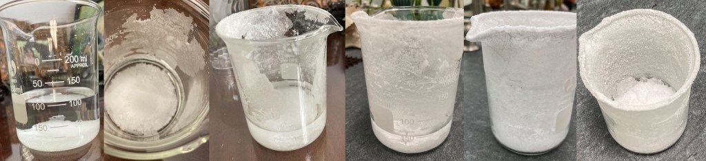 Salt colony creeping all over a graduated cylinder - progression from saturated saline solution to a salt rind (salt creep)