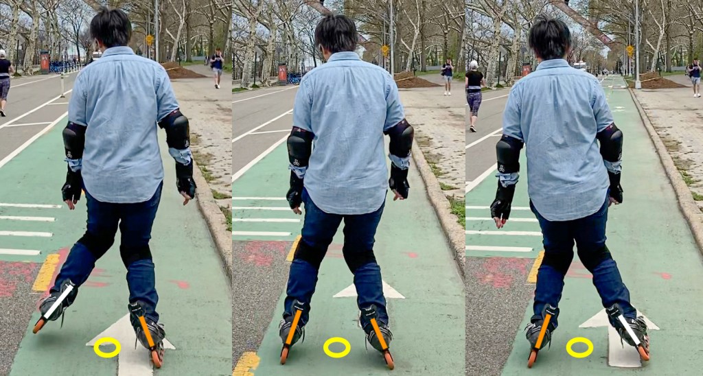 This picture mark pronated skates actively shouldering a skater's weight in orange. Wherever the skater lifts a skate off the ground, the skate is marked in white. It doesn't matter how the skate is oriented when it's no longer contacting the ground. Projected center is marked by a yellow circle. We are going to call the orange skates in these pictures the "gliding skates", and the white skates the "free skates".