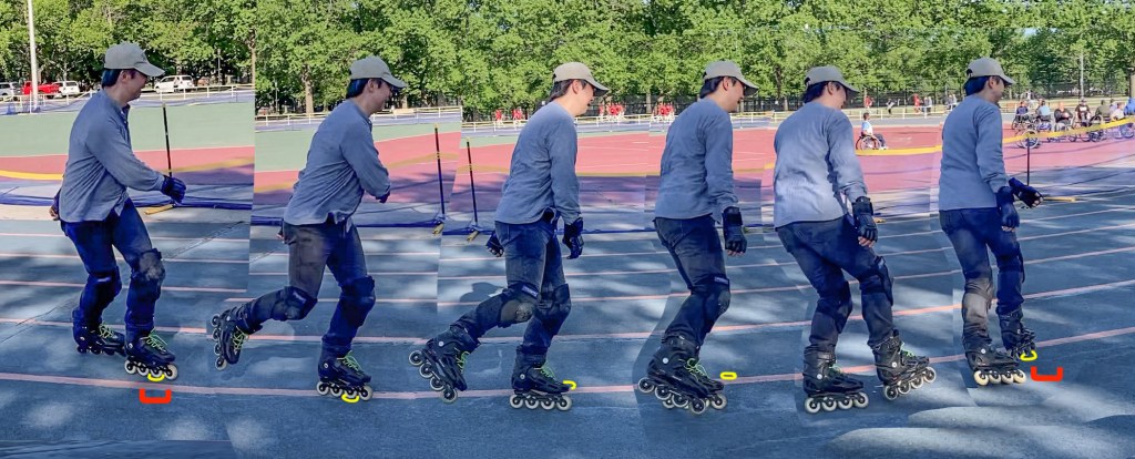 One movement of a forward cross roll with projected centers (yellow circle) & balance moments (red bracket), showing how a skater lands on his projected center at the first balance moment, then initiates fall and recovery steps, and finally lands again on his projected center at the second balance moement.