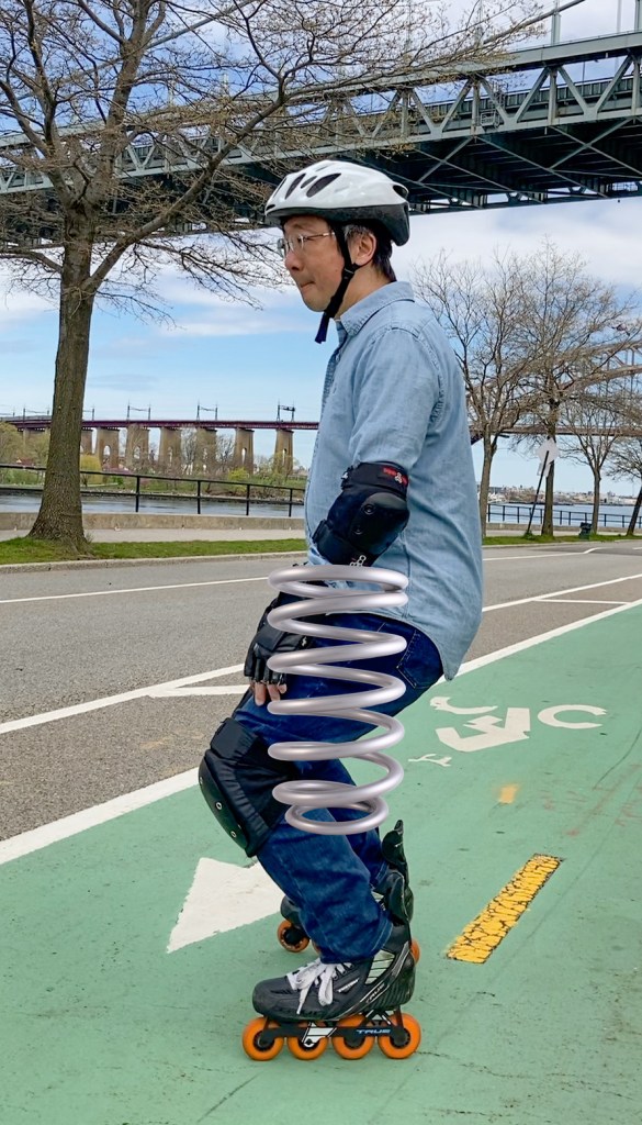 Proper squatting posture for inline skating stores energy in muscles, and releases energy at a moment's notice when needed, as if your legs are a spring.