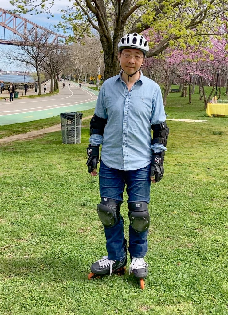Practicing V steps on grass on inline skates