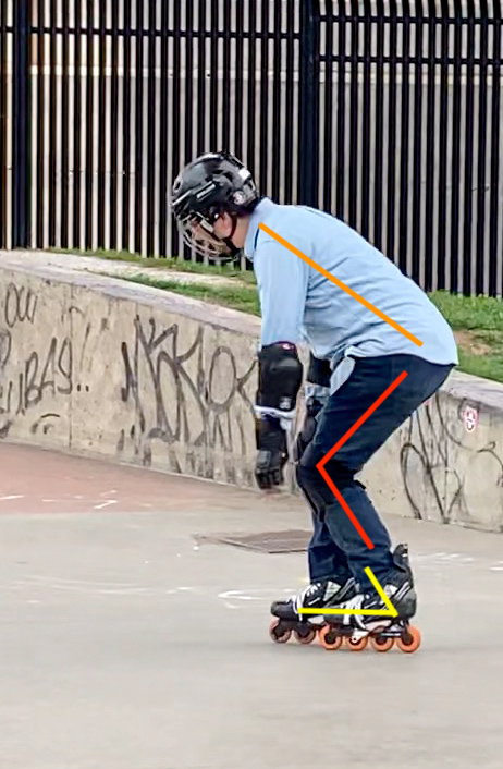 The skater is able to recover from the impending fall by simply straightening the upper body and the knees. The coiled configuration of the squatting posture gives the skater options in recovery.