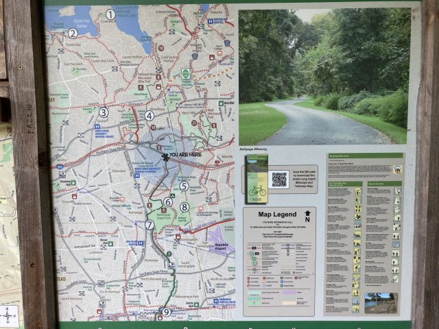 Map of Bethpage Bikeway posted along the trail