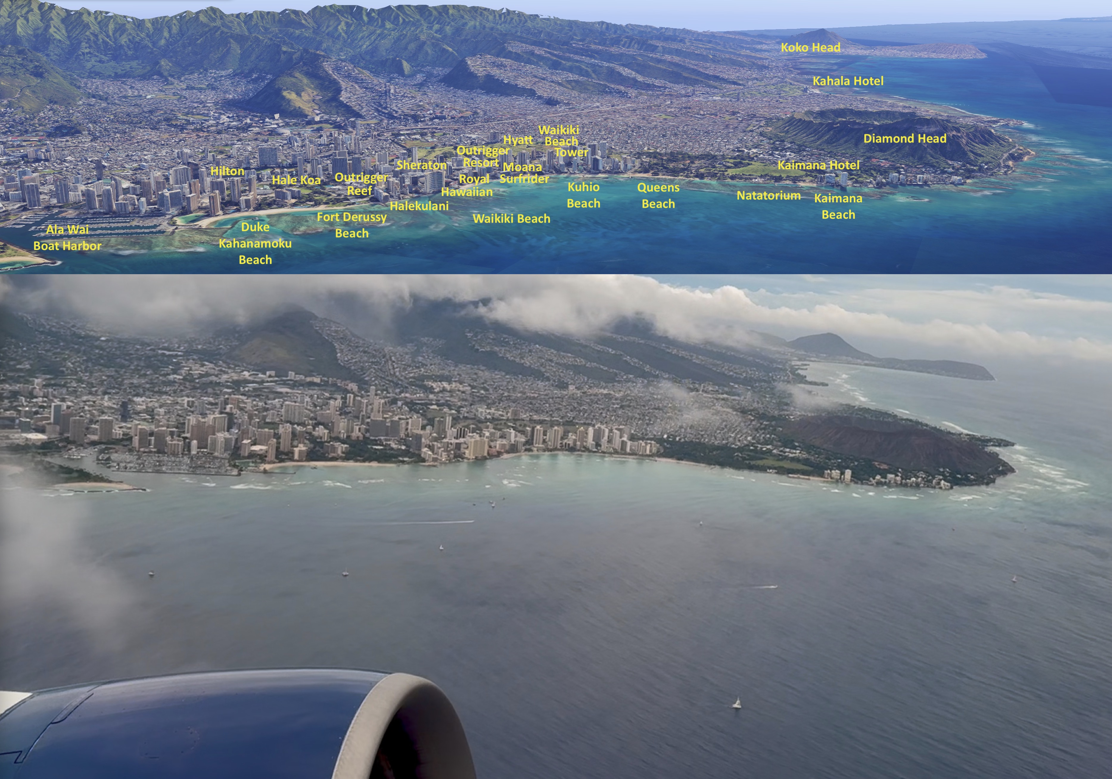 Map 5 of 16 oriented to match recorded video from a left-side window seat of departing Delta 650 in late November 2025 as the plane followed the contour of Oahu South Shore