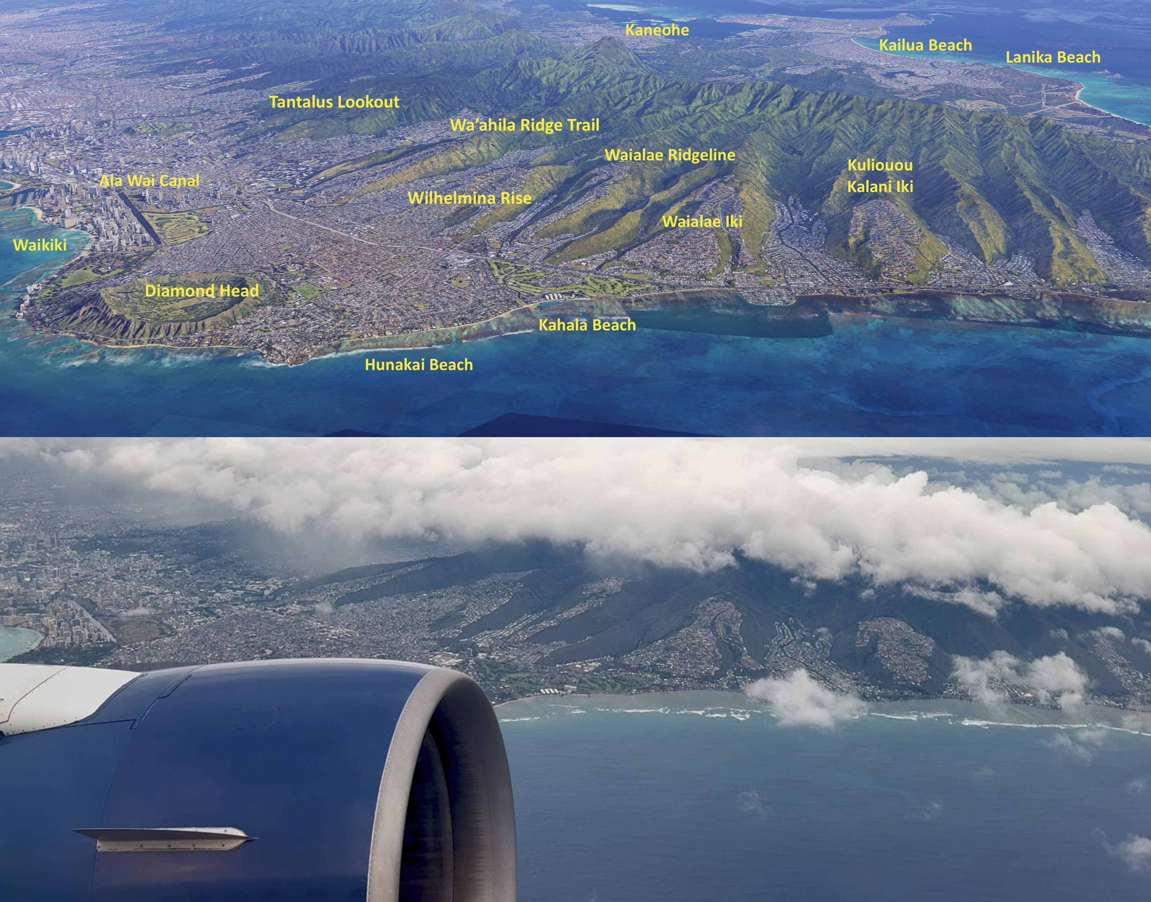Map 14 of 16 oriented to match recorded video from a left-side window seat of departing Delta 650 in late November 2025 as the plane followed the contour of Oahu South Shore