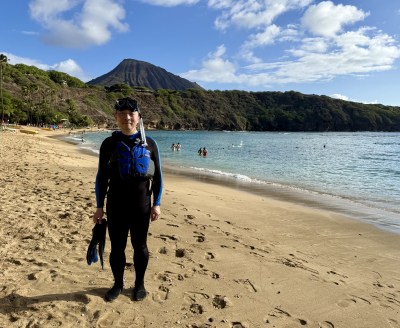 Yours truly in dorky life jacket when snorkeling at Hanauma Bay for the first time, before figuring out where it was safe to snorkel