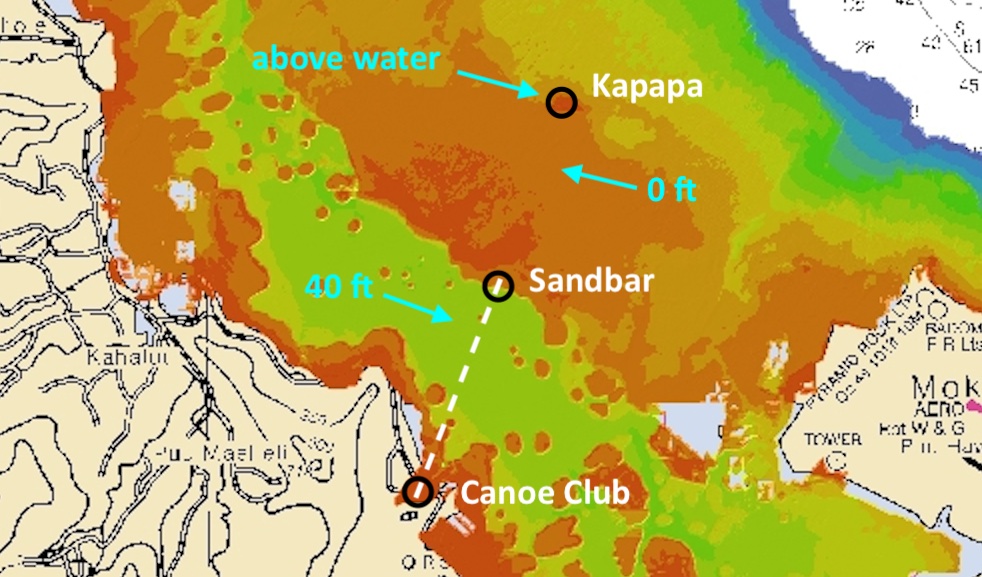 Annotated Bathymetric chart from SOEST showing paddling route from Canoe Club to Kapapa Island - Kaneohe Sandbar 4m grid