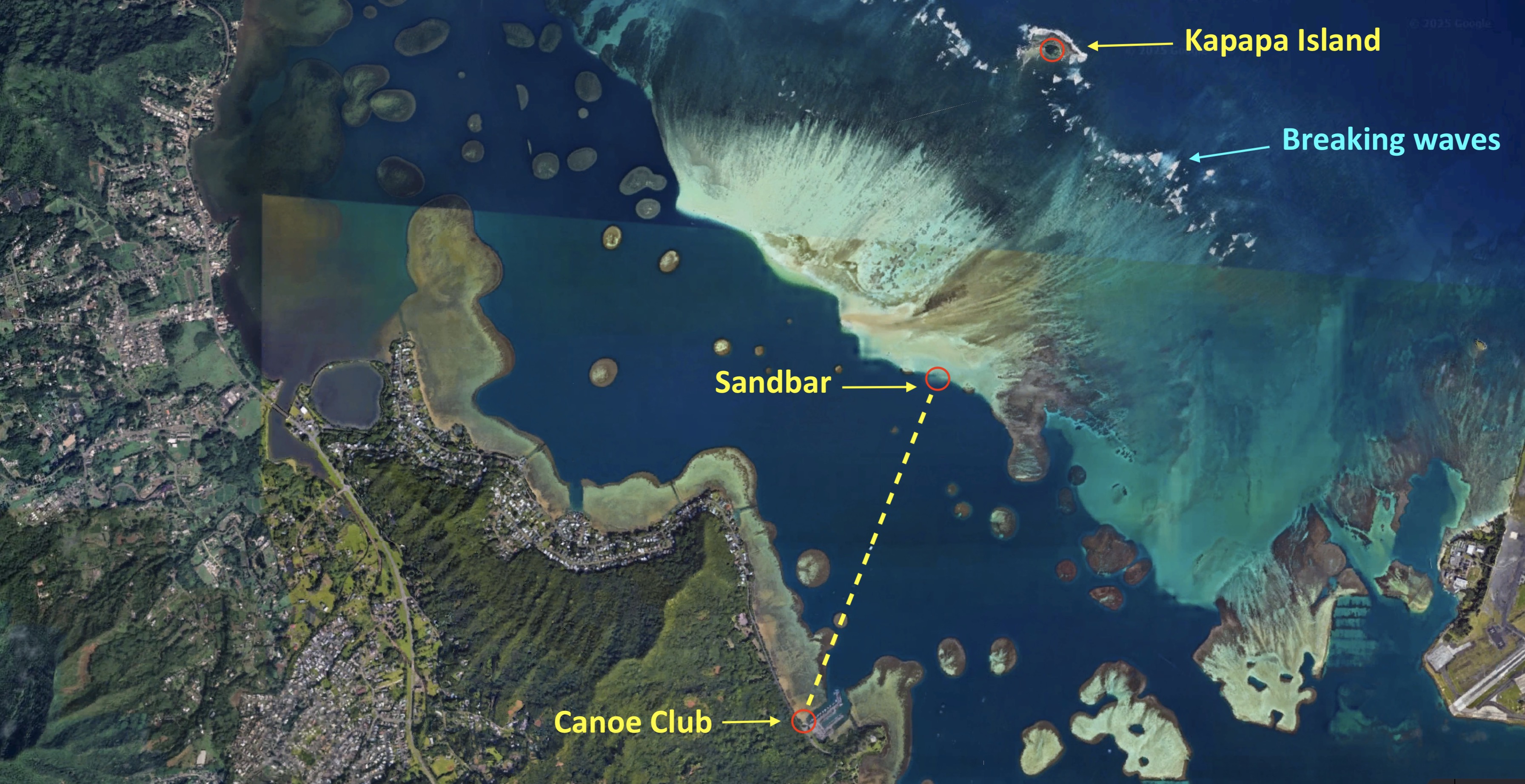 Paddling route from Kaneohe Canoe Club to Kaneohe Sandbar within Kaneohe Bay, aiming for Kapapa Island