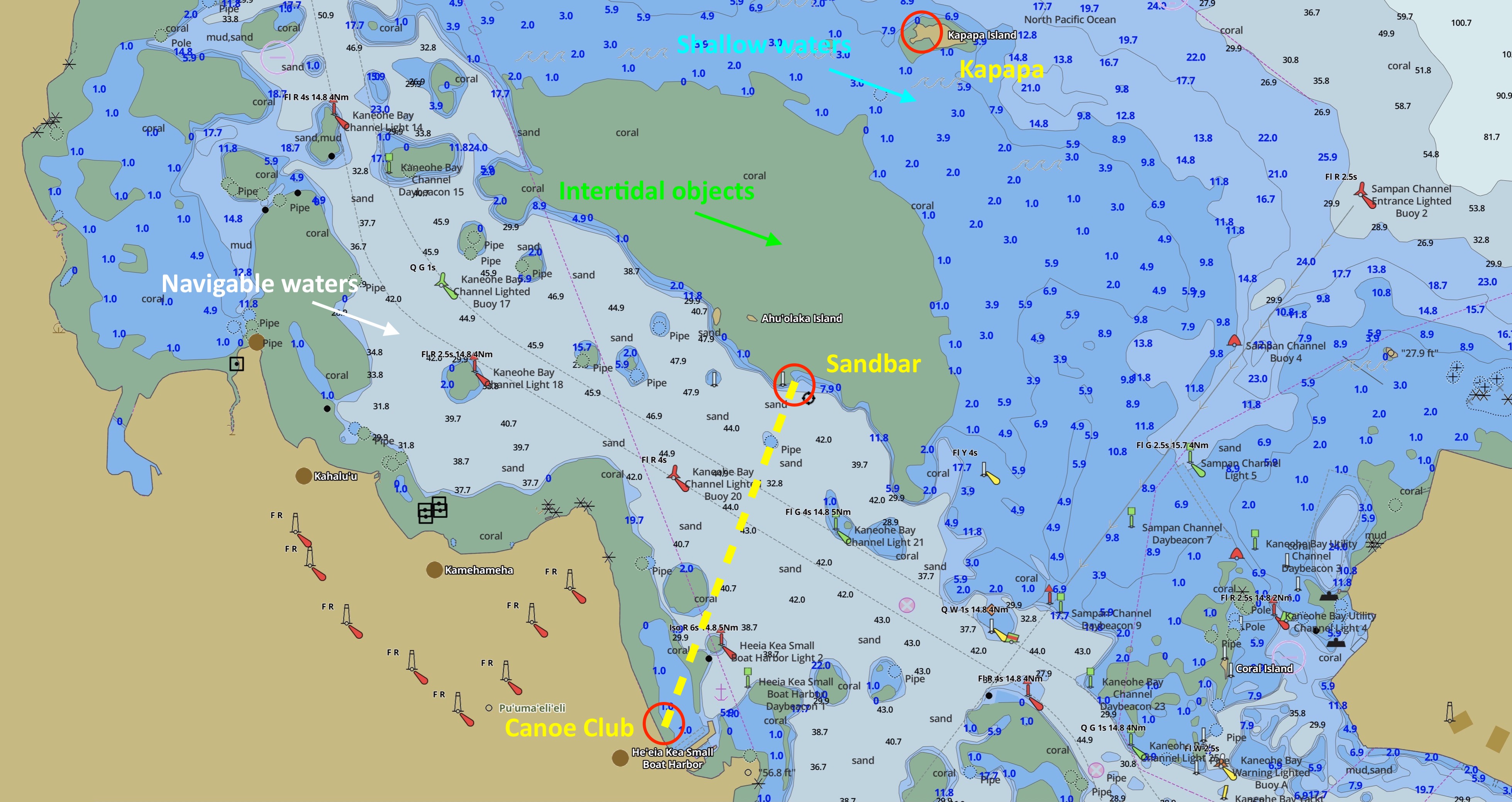 Hydrographic chart (aka nautical chart) from gpsnauticalcharts.com of Kaneohe Bay - Interactive depth chart - Retired NOAA Nautical Chart 19359 - showing paddling route from Canoe Club to Sandbar