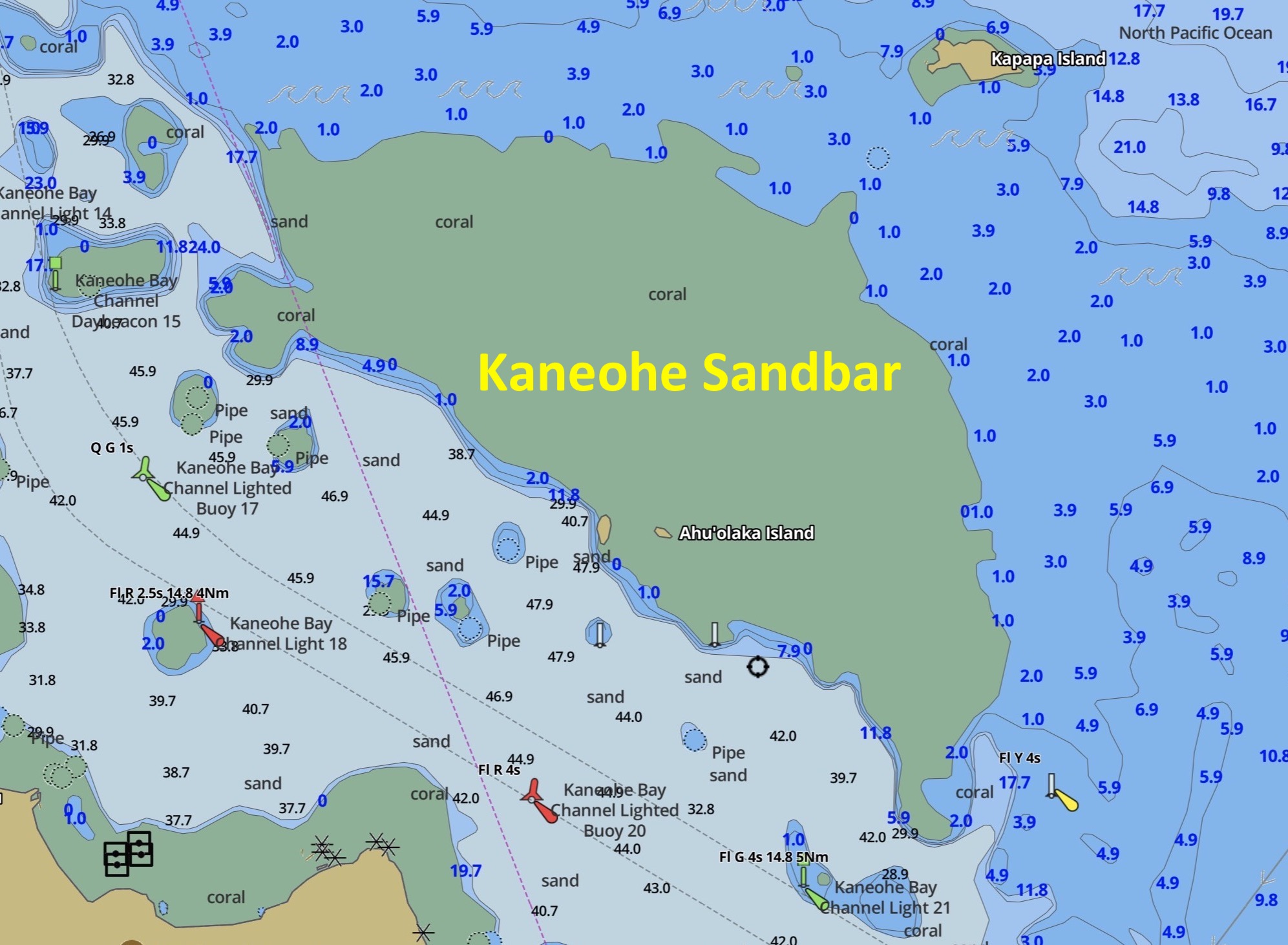 Hydrographic chart (aka nautical chart) from gpsnauticalcharts.com of Kaneohe Sandbar - Interactive depth chart - Retired NOAA Nautical Chart 19359