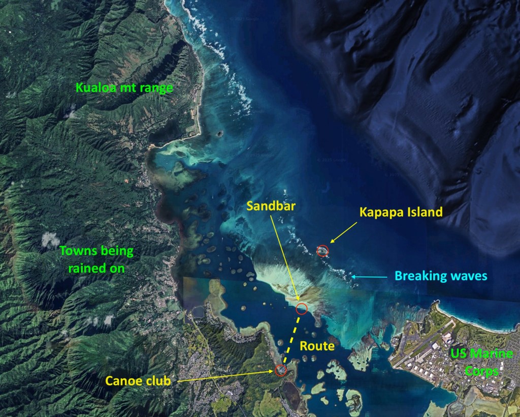 Overview of the paddling route from Kaneohe Canoe Club to Kaneohe Sandbar, aiming for Kapapa Island, with key landmarks annotated in green, and the braking waves seen as background annotated in cyan