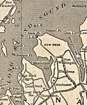 1917 map of Manhasset Bay showing Great Neck on its left, and Cow Neck on its right.