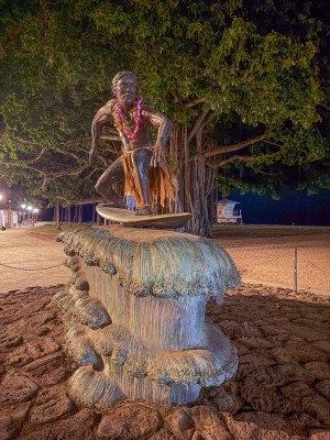 The "Surfer on a Wave statue" at the corner of Kapiolani Park